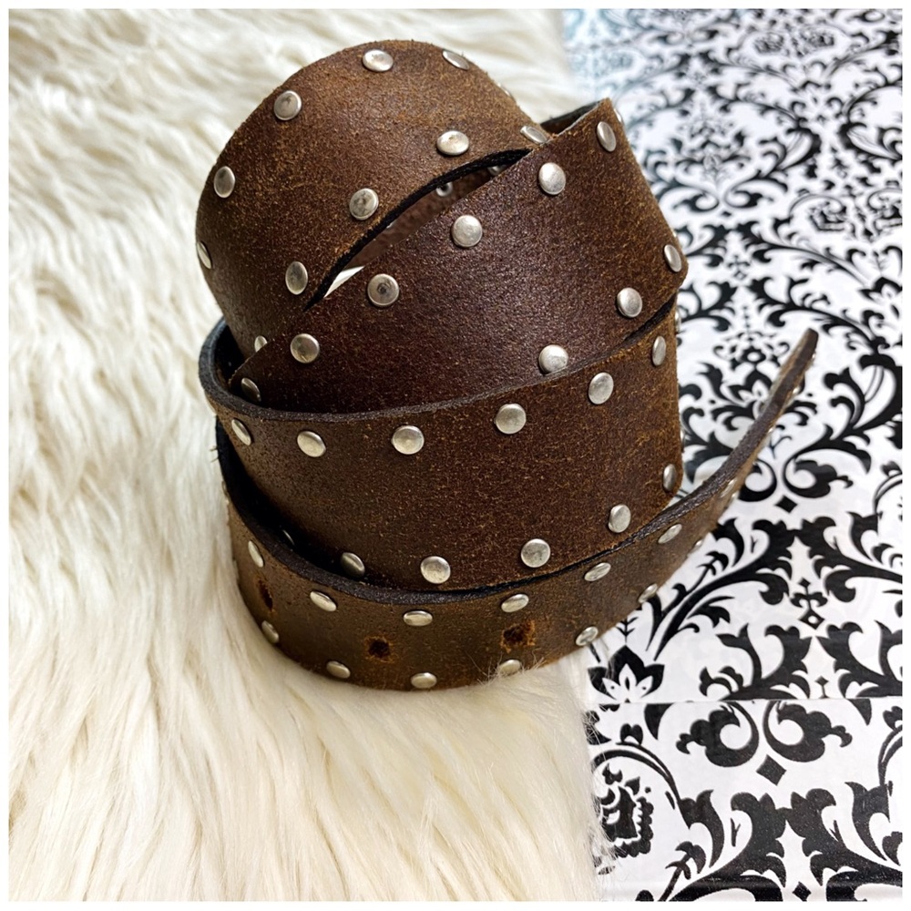 VINTAGE Calvin Klein : size M : Y2K brown + silver genuine leather studded belt